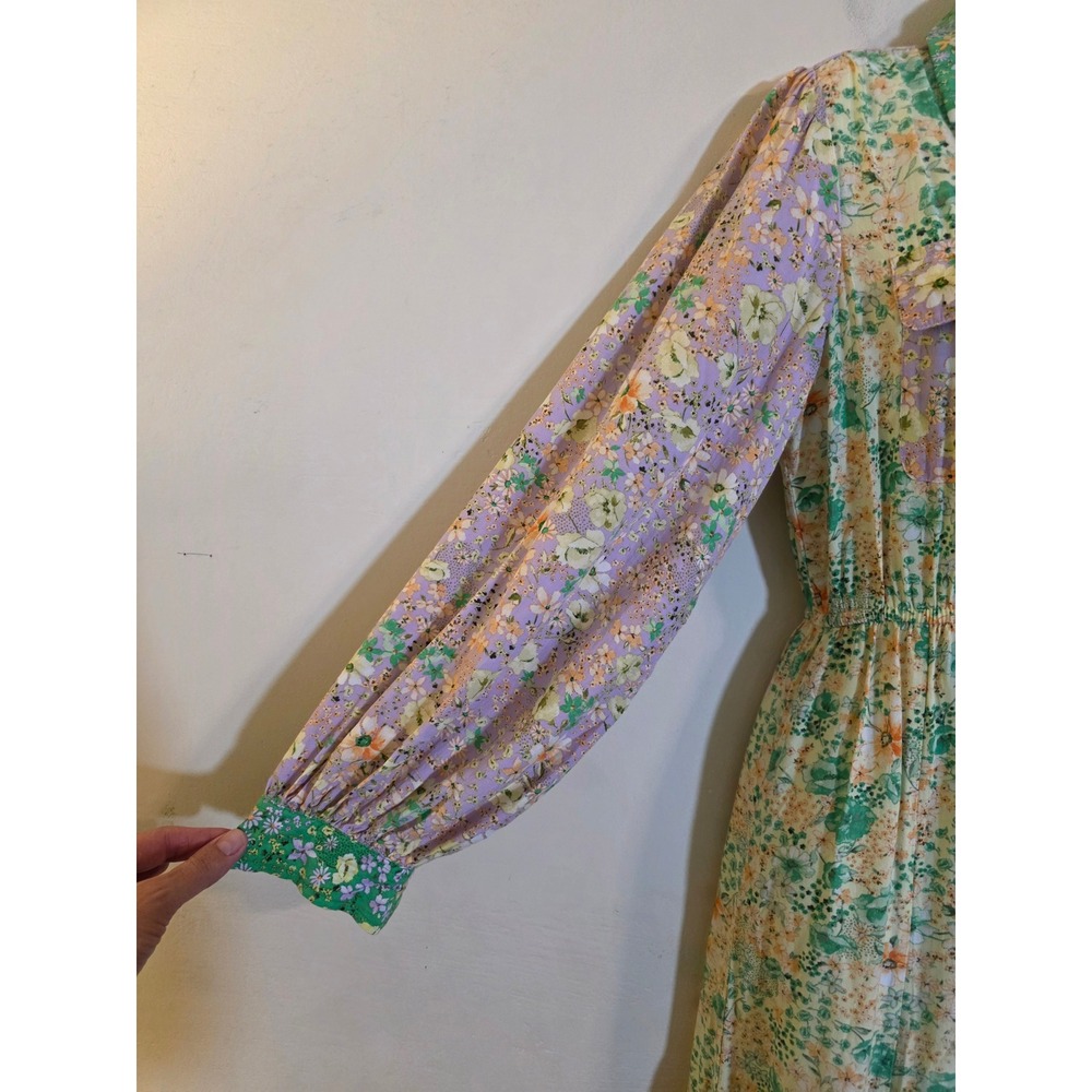 LOFT Mixed Floral Midi Shirt Dress Green Purple Viscose Long Sleeve XS SP24 - Picture 5 of 10